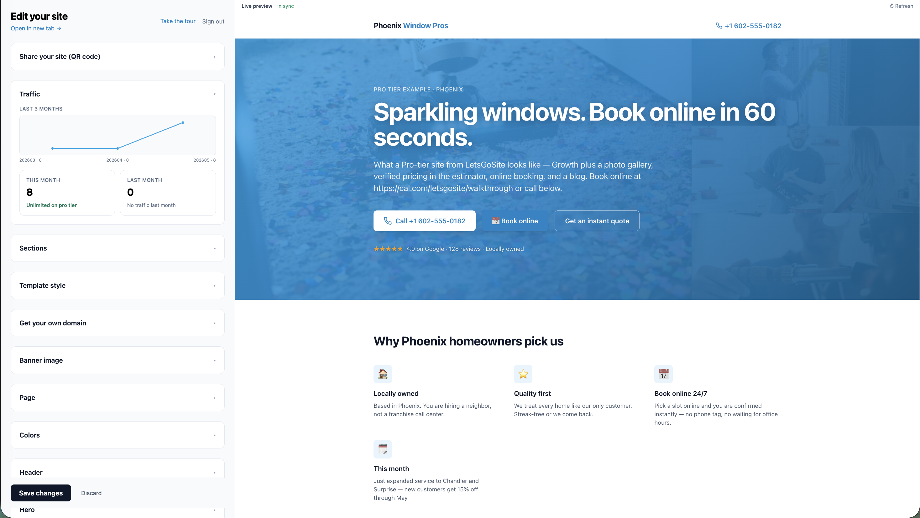 Screenshot of the LetsGoSite /admin editor — left pane has fields for traffic, sections, template style, banner image, colors and a Save button; right pane shows the live site preview updating in real time.